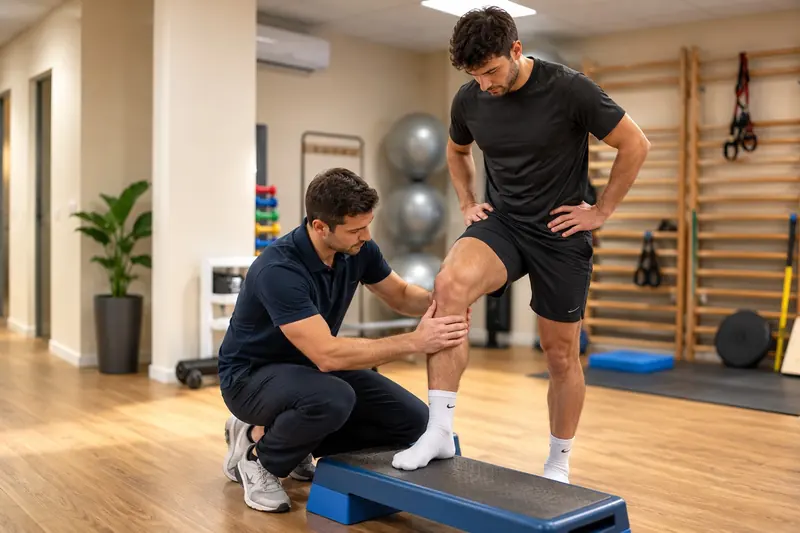 Un kinésithérapeute guide un patient qui monte sur une marche pour renforcer le genou