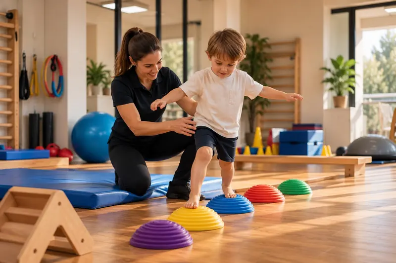 Une kinésithérapeute guide un enfant sur un parcours d'équilibre